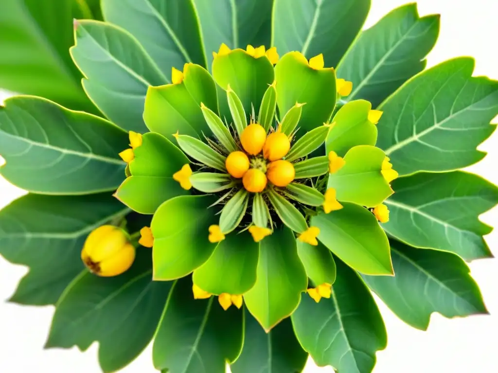 Imagen detallada de una planta de Tribulus Terrestris, con hojas verdes vibrantes y flores amarillas