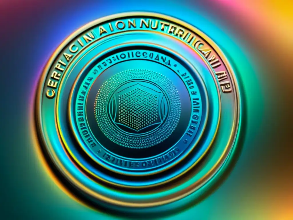 Sello de Certificación Nutricional holográfico en envase Una imagen detallada de un sello holográfico de 'Certificación Nutricional' con patrones futuristas y colores metálicos