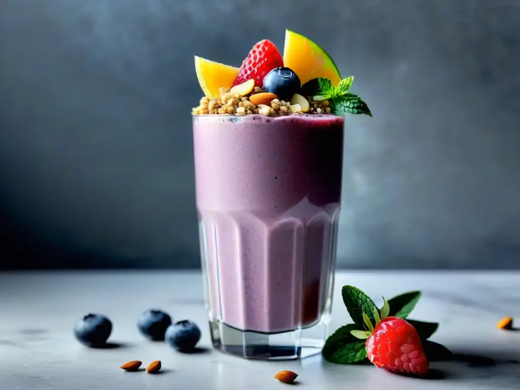 Batido vegano: vibrante, nutritivo y delicioso en vaso moderno Una imagen detallada y vibrante de un batido proteico vegano recién hecho, con chia, almendras y bayas