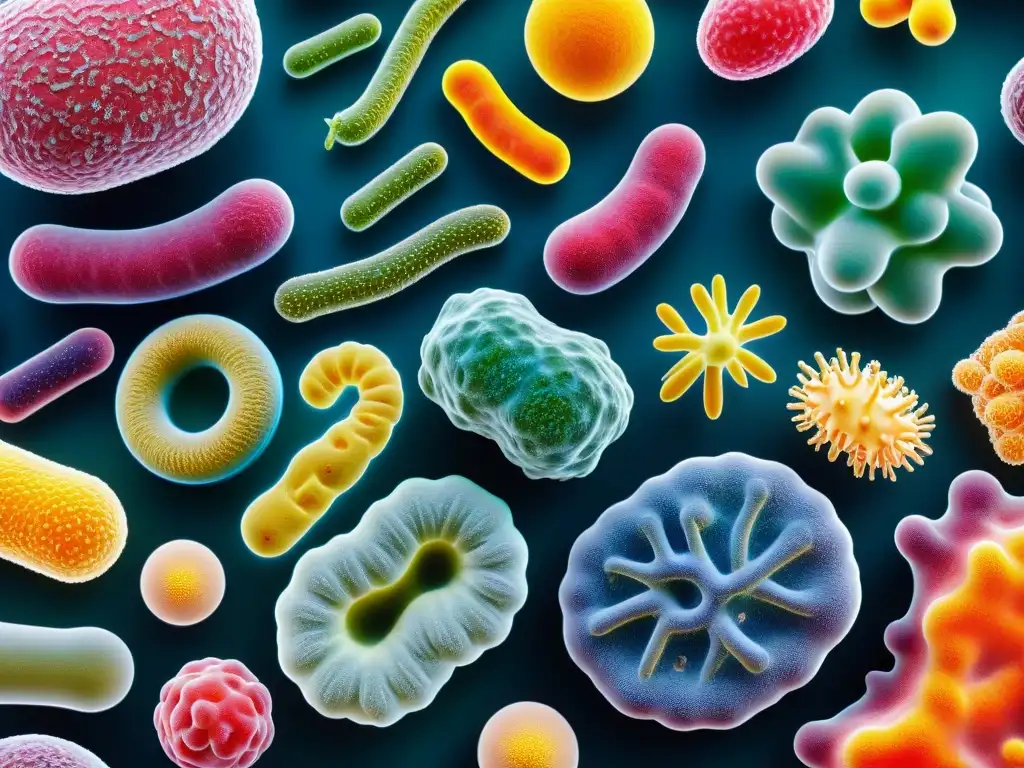 Microbiota diversa: Probióticos en detalle Una imagen detallada y vibrante de diversas cepas de bacterias probióticas, con formas y estructuras diversas