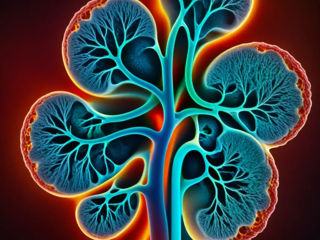 Detalle asombroso de un riñón sano: red vascular, túbulos y nefronas Una imagen detallada y vibrante de un riñón sano, destacando su compleja estructura