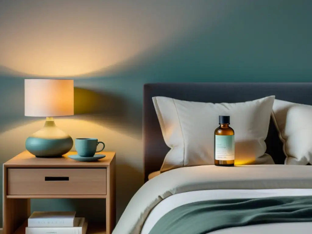 Dormitorio moderno con ambiente relajante y suplemento natural para dormir Imagen de un dormitorio moderno y sereno con suplemento para dormir sin efectos secundarios, libros y taza de té relajante