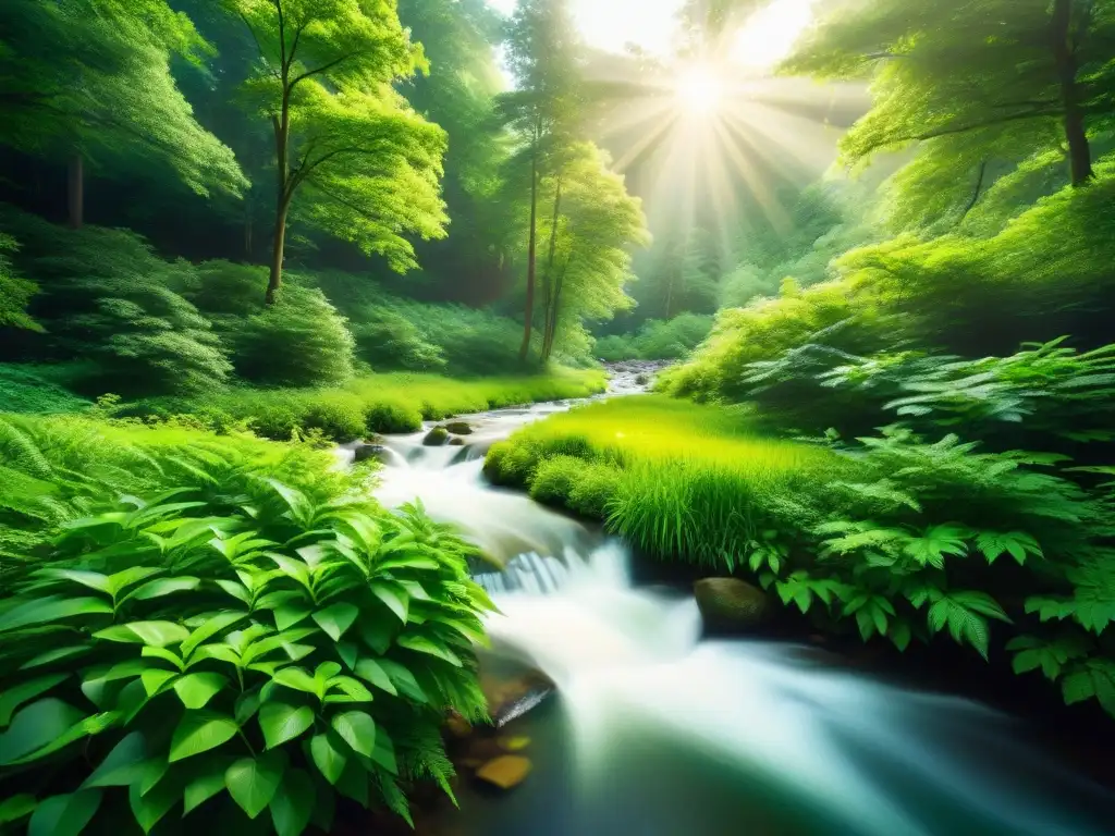 Imagen de bosque verde exuberante para promover la recuperación muscular Imagen de un exuberante bosque verde con luz solar filtrándose entre las hojas y un arroyo claro