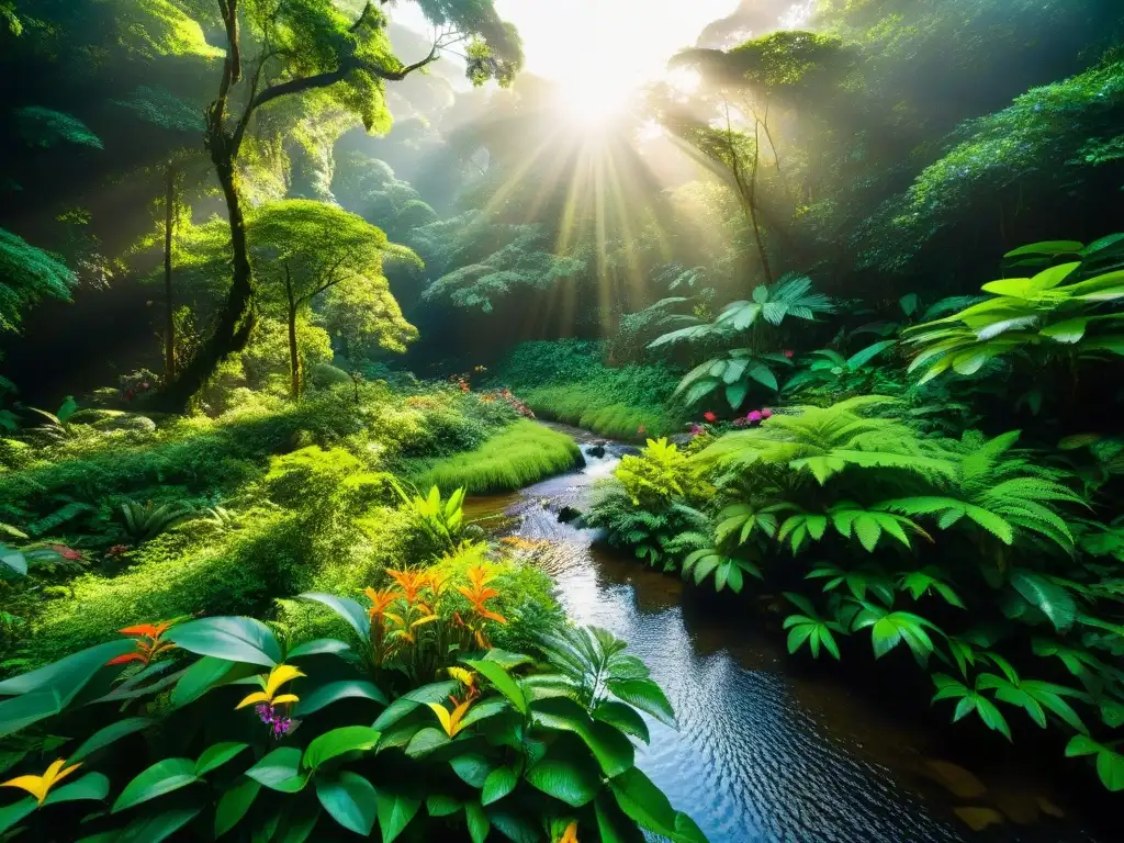 Biodiversidad exuberante: selva tropical vibrante y diversa Imagen de un exuberante y vibrante bosque lluvioso, con diversa flora y fauna
