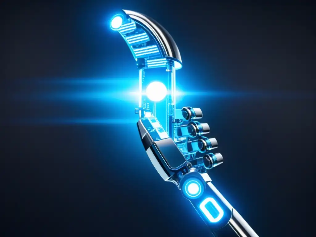 Avanzada tecnología: brazo robótico sostiene píldora Imagen futurista de un brazo robótico sosteniendo una pastilla, con circuitos intrincados y luces azules brillantes, sobre fondo oscuro