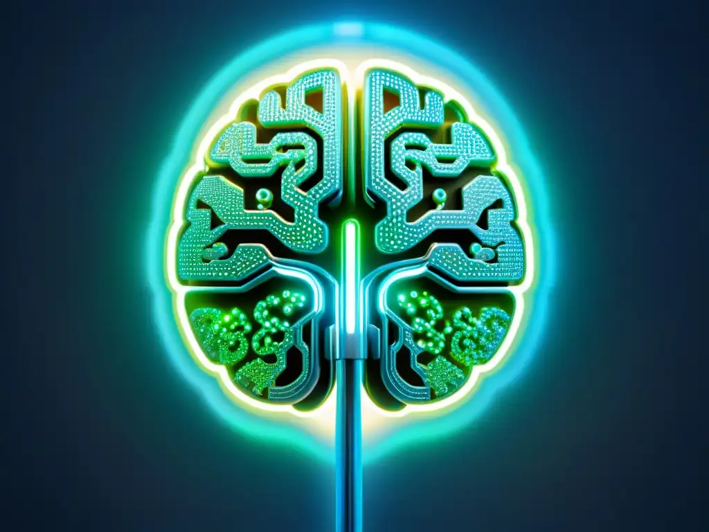 Inteligencia artificial para suplementos nutricionales Una imagen futurista de un cerebro metálico con luces azules y verdes, simbolizando la inteligencia artificial en suplementos nutricionales