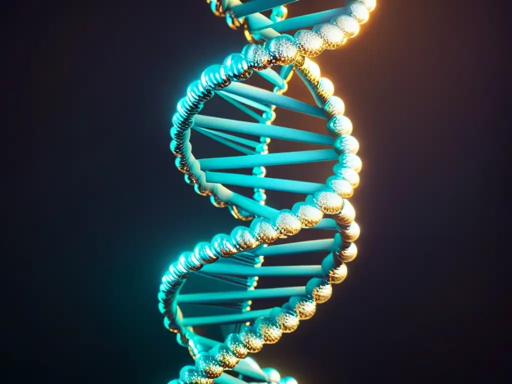Helix de ADN futurista en tonos metálicos Imagen futurista de una estructura de ADN en colores metálicos iridiscentes, transmitiendo la tecnología genética de suplementos deportivos