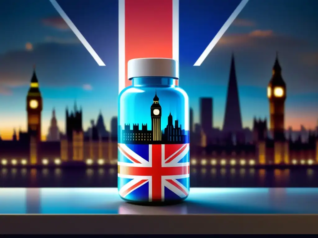 Brexit Nutricional: Union Jack en holograma Una imagen futurista de un frasco de pastillas con una etiqueta holográfica que muestra la bandera del Reino Unido entrelazada con símbolos nutricionales, sobre un fondo de una ciudad bulliciosa con la silueta sombría de la mesa de negociaciones del Brexit