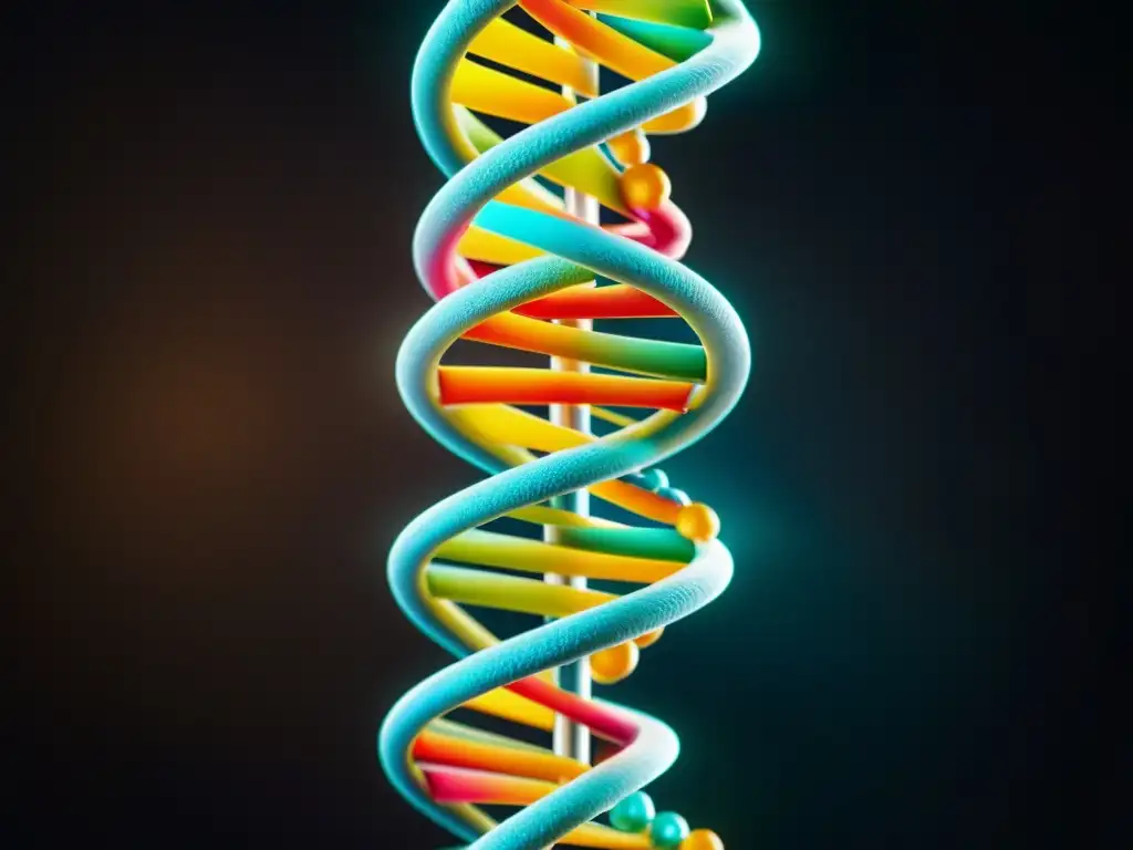 Brillante DNA: Estructura helicoidal en colores vibrantes Una imagen impactante de un ADN brillante y detallado en un fondo oscuro, evocando la ciencia genética y los suplementos nutricionales personalizados