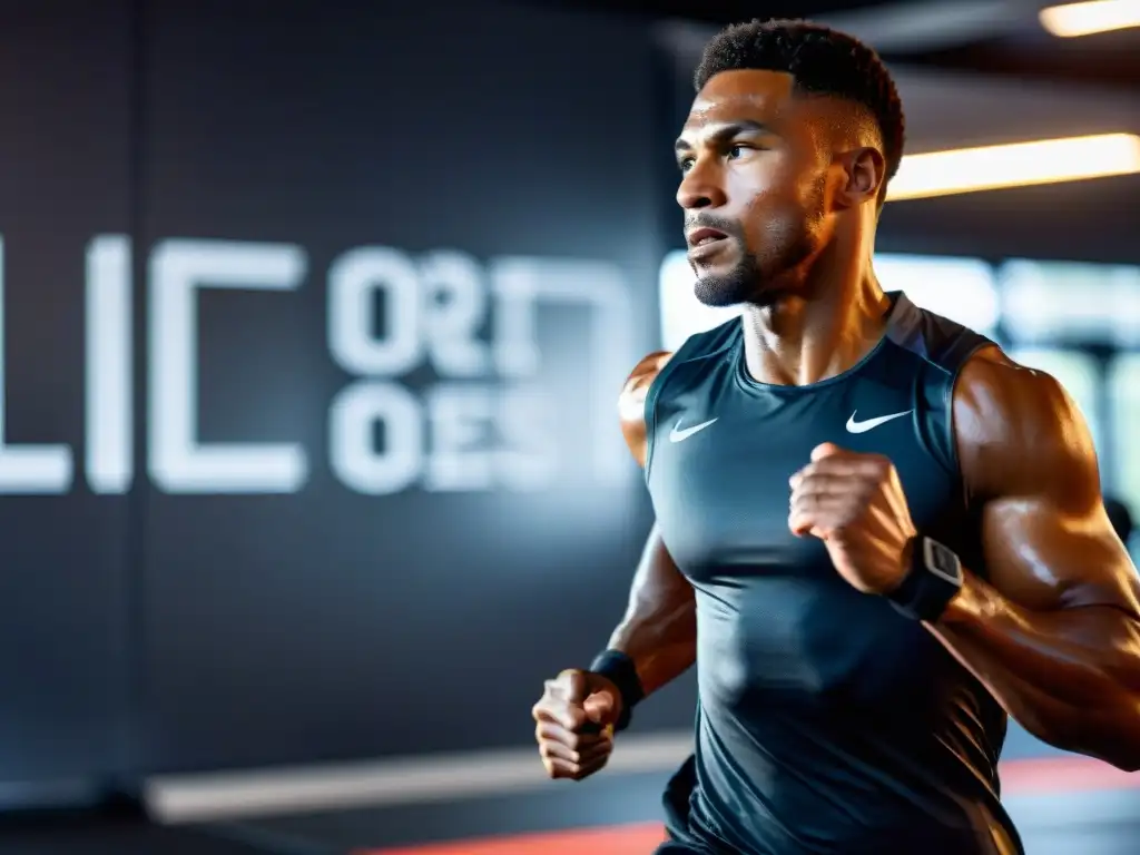 Entrenamiento de élite: Determinación en acción Imagen impactante de atleta profesional en pleno entrenamiento, con determinación y fuerza, en un entorno moderno