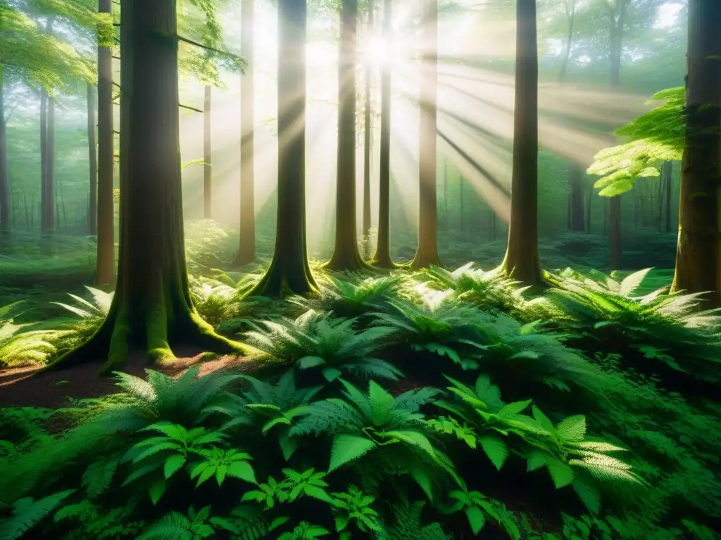 Bosque resiliente: luz solar entre el dosel Imagen impactante de un exuberante bosque verde con luz solar filtrándose a través del dosel, creando sombras moteadas en el suelo del bosque