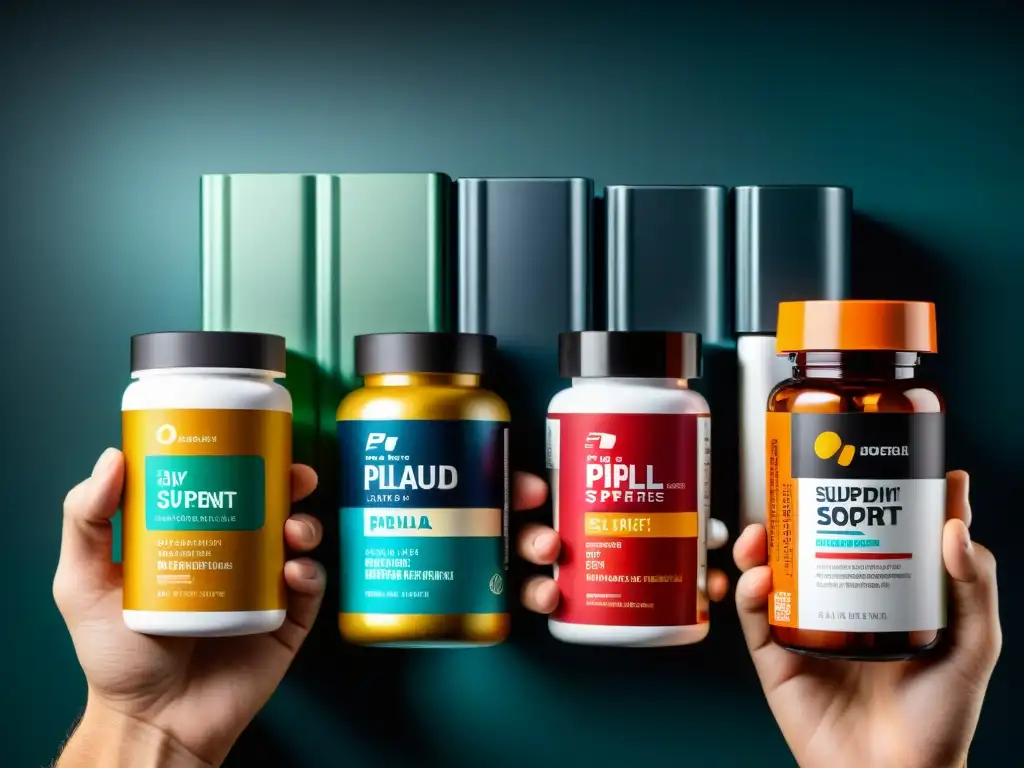 Suplementos deportivos: un vistazo revelador Una imagen intensa y cercana de una mano sosteniendo varias botellas de pastillas y suplementos con colores vibrantes y un empaque moderno