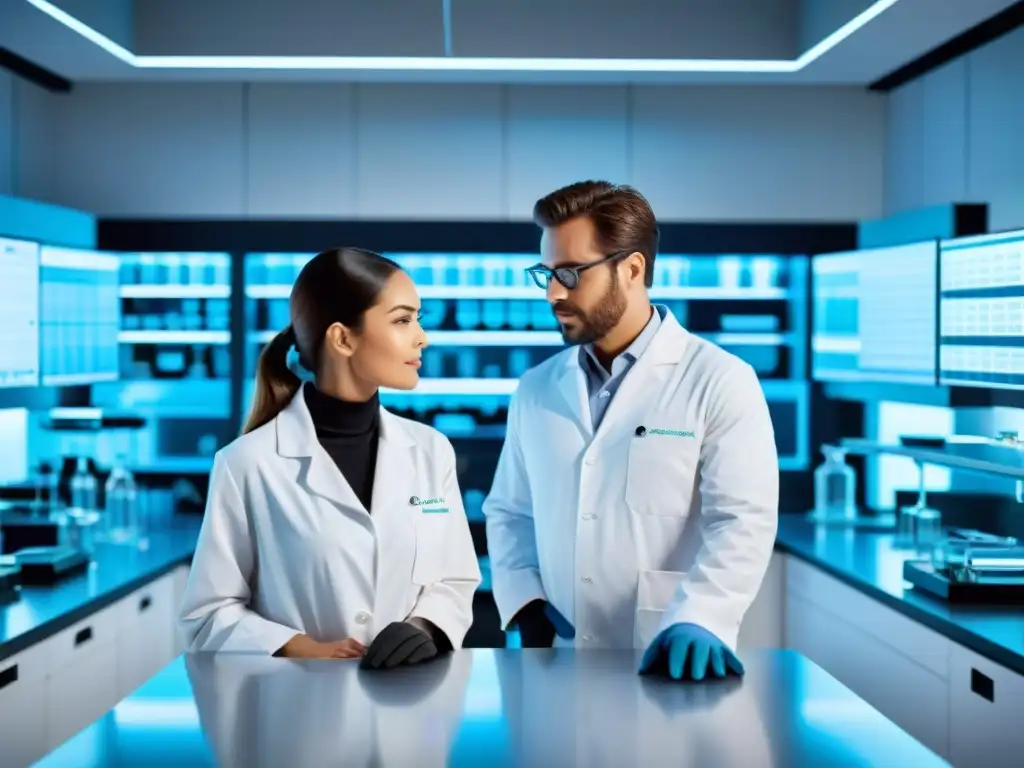 Análisis de Omega-3 en Laboratorio de Vanguardia Imagen 8k de laboratorio científico moderno con investigadores analizando beneficios omega 3 en inflamación autoinmune