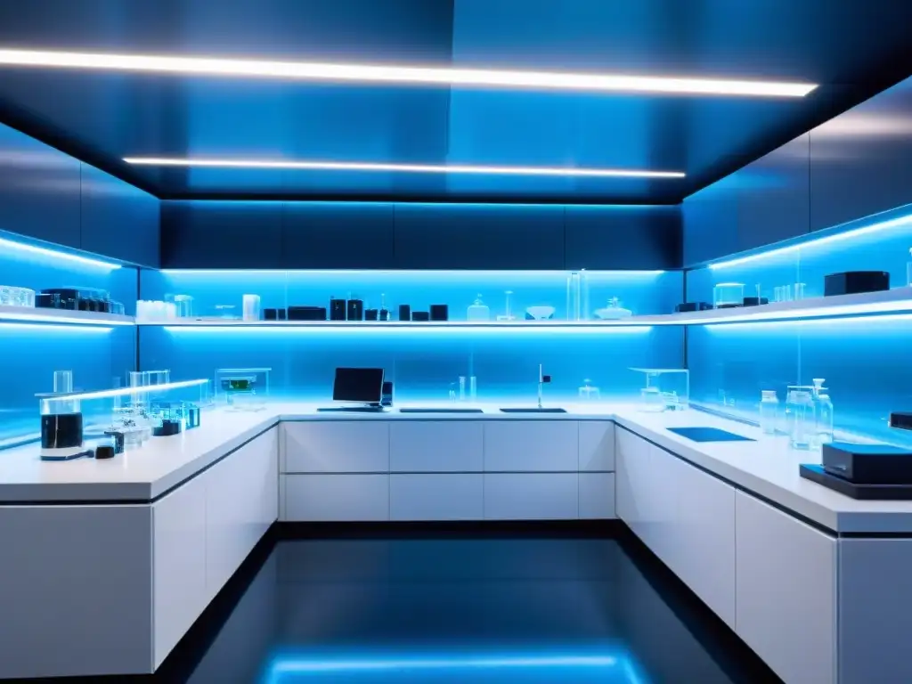 Lab futurista de biotecnología en 8k: innovación y precisión Imagen 8k de laboratorio futurista con diseño minimalista y equipamiento biotecnológico de vanguardia