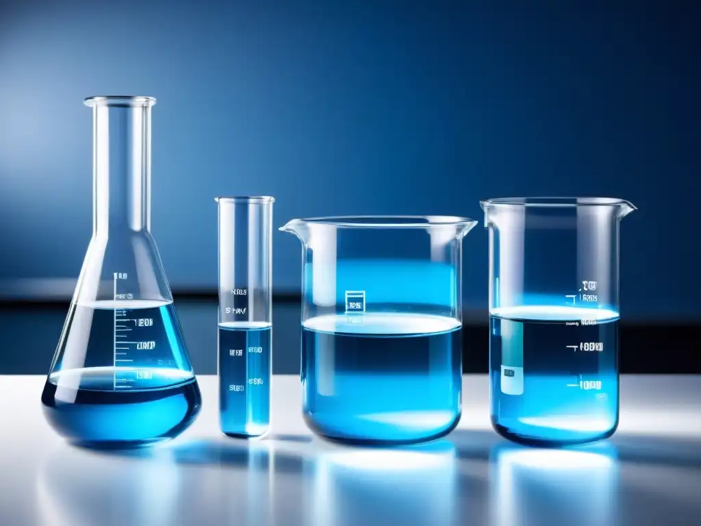Experimento de laboratorio: beaker con líquido azul vibrante Imagen de laboratorio moderno con un matraz de vidrio lleno de líquido azul vibrante, rodeado de equipo científico