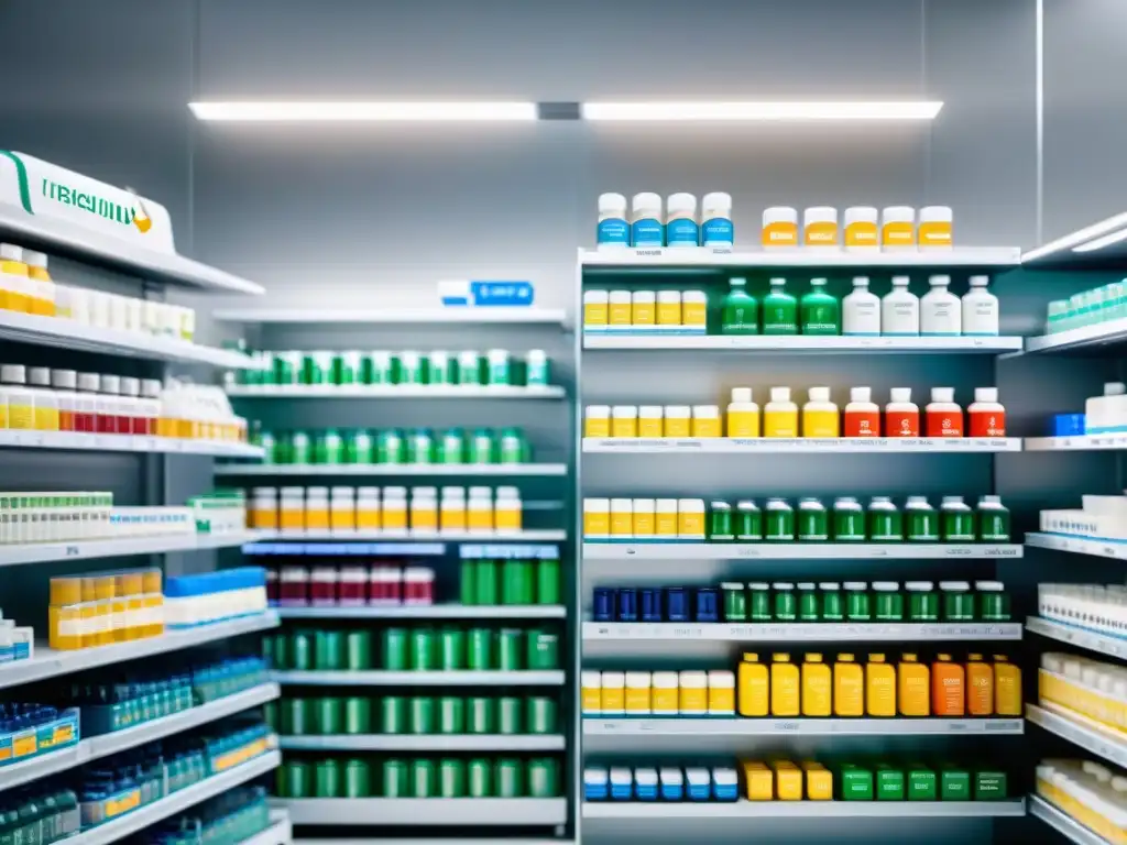 Top 5 Marcas de Multivitaminas en Laboratorio Imagen de laboratorio moderno con las mejores marcas multivitamínicos salud, estantes organizados con productos y científicos analizándolos