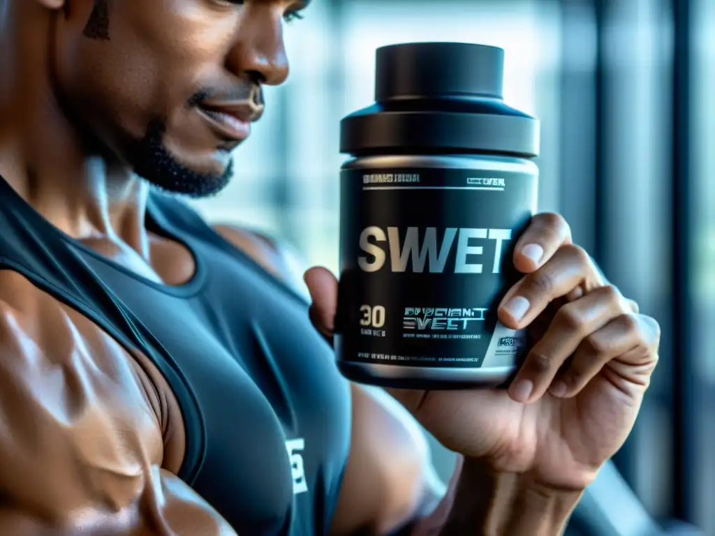 Mano de atleta con botella de suplementos La imagen muestra la mano musculosa de un atleta sosteniendo un elegante frasco de suplementos con una etiqueta minimalista y tipografía futurista