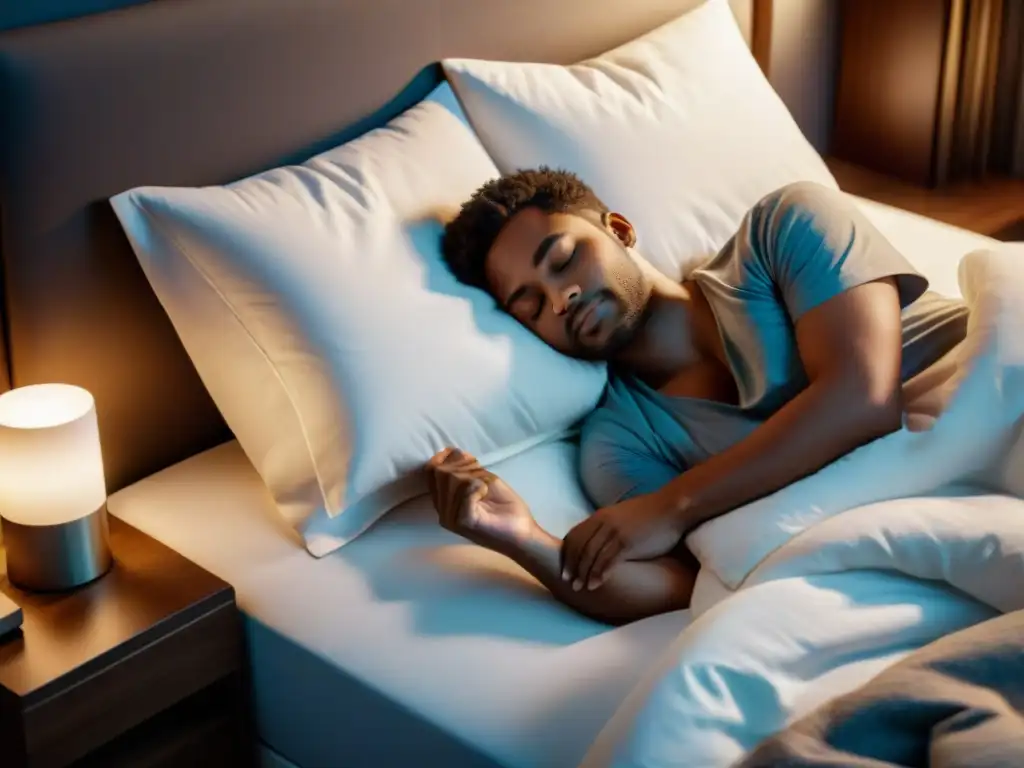 Imagen 8k de persona durmiendo plácidamente en cama cómoda, con iluminación suave