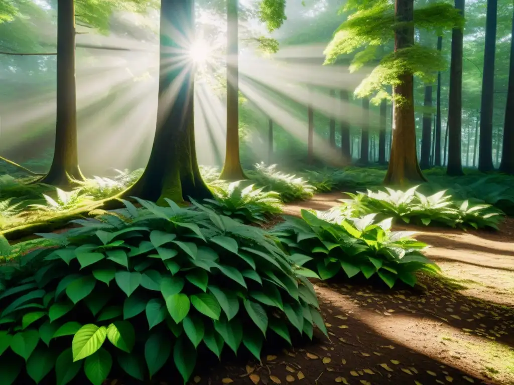 Bosque sereno: Imagen 8k de la naturaleza exuberante Imagen relajante de un frondoso bosque verde con luz solar filtrándose entre las hojas, creando sombras moteadas en el suelo