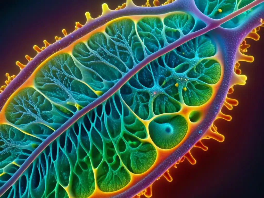 Red de Mitocondrias Vibrantes: Metabolismo Celular Una imagen de alta resolución de una red vibrante de mitocondrias en una célula, mostrando detalles intrincados y actividad metabólica intensa
