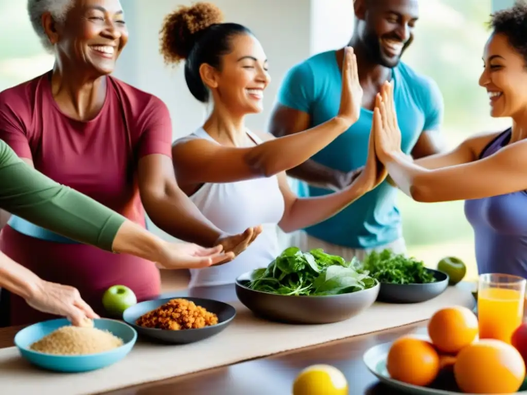Vida sana: Diversidad en acción Imagen vibrante de personas diversas disfrutando actividades saludables, como yoga, running y cocina, transmitiendo vitalidad y bienestar