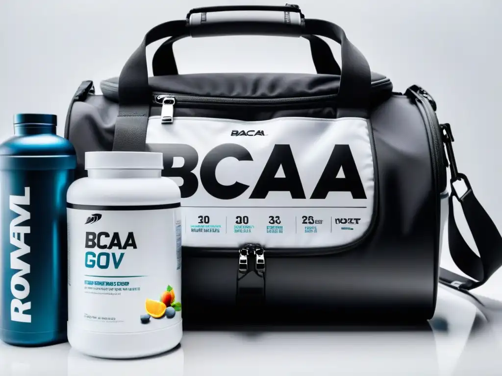 Suplementos de fitness de alta gama en elegante bolsa de gimnasio Una impactante imagen de suplementos nutricionales para atletas organizados en una elegante bolsa de gimnasio en un moderno mostrador blanco