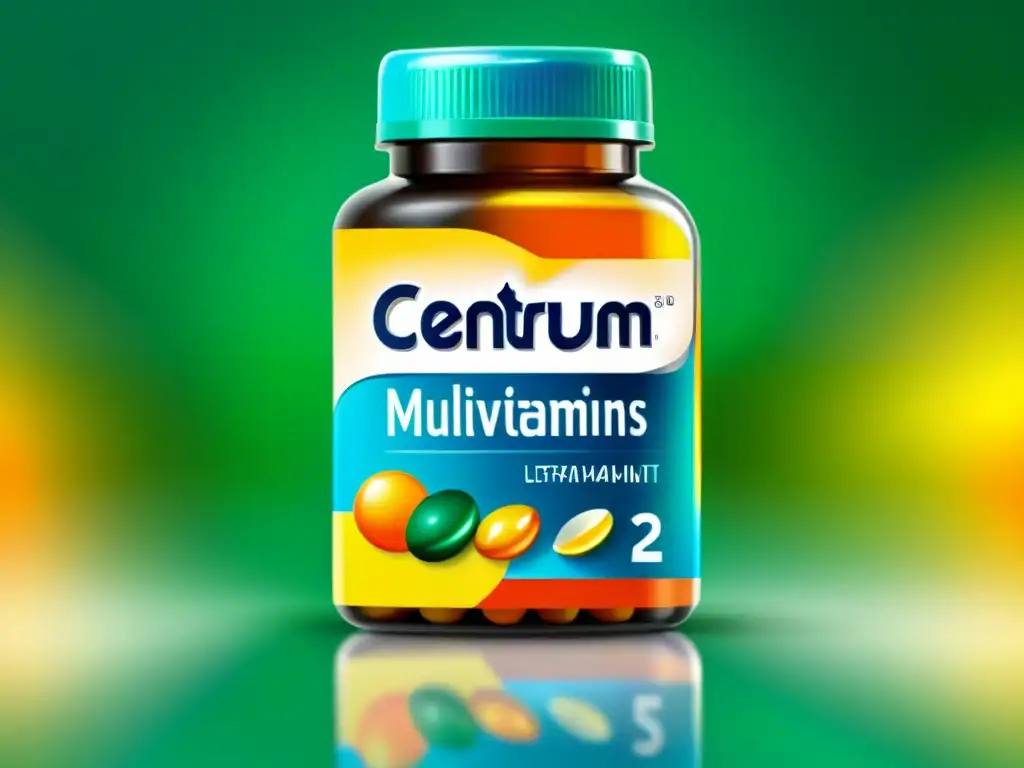 Vibrante detalle de píldoras de Centrum en botella transparente Una impresionante fotografía de alta calidad que muestra la efectividad de los multivitamínicos Centrum