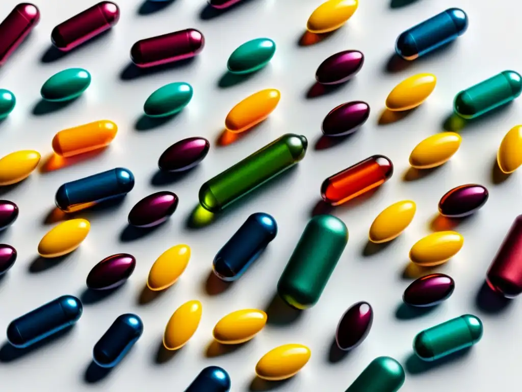 Suplementos nutricionales: detalle vibrante y moderno Un impresionante arreglo de cápsulas y tabletas de suplementos nutricionales en una superficie blanca