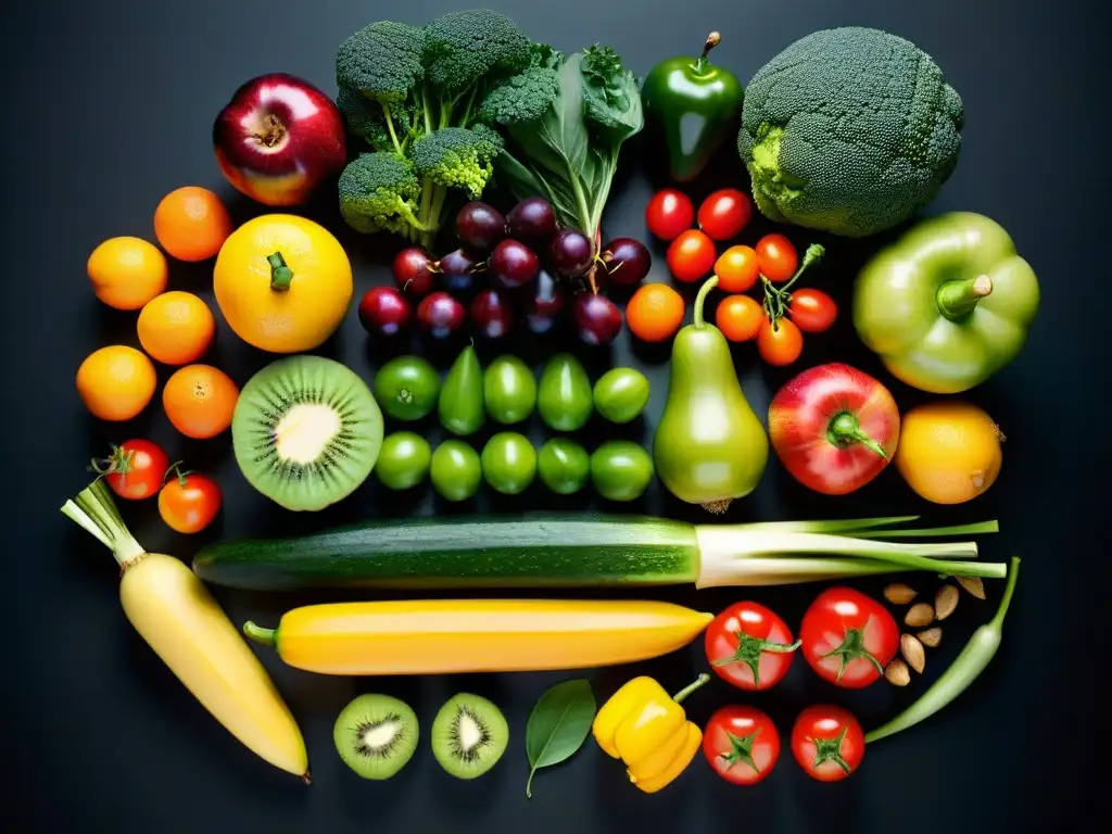 Arte natural: una composición vibrante y simétrica de frutas y verduras Una impresionante composición de frutas y verduras en un patrón simétrico sobre una superficie negra minimalista