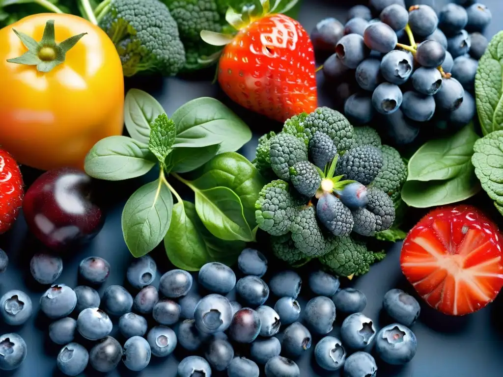 Exuberante exhibición de antioxidantes Un impresionante y detallado arreglo de frutas y verduras ricas en antioxidantes, perfecto para suplementos antioxidantes para combatir el envejecimiento