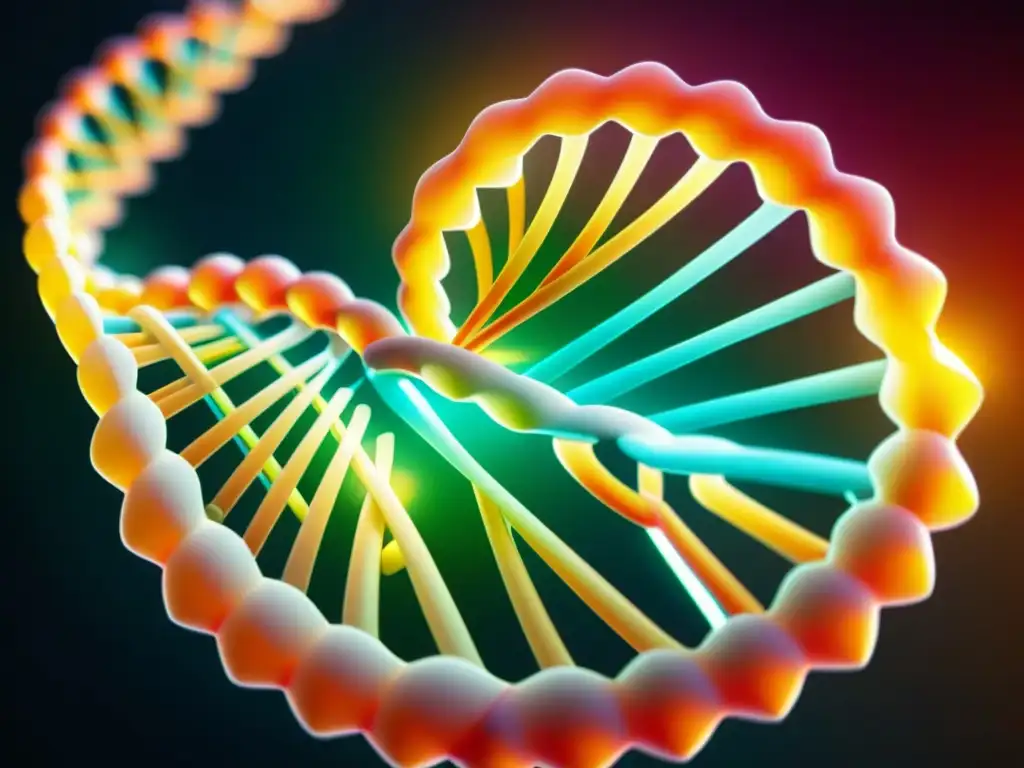 Espectacular imagen en detalle de una doble hélice de ADN Una impresionante representación visual de la doble hélice del ADN, con colores vibrantes y detalles brillantes, para ilustrar suplementos basados en ADN para bienestar