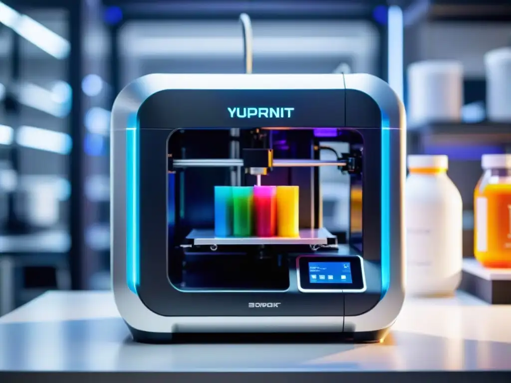 Suplementos Nutricionales Personalizados: Innovación 3D Una impresora 3D moderna crea suplementos nutricionales personalizados en un laboratorio futurista, mostrando innovación y personalización