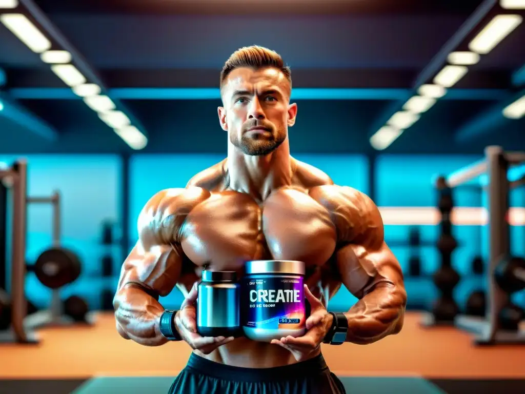 Musculatura y Determinación: Futuro del Fitness Un individuo musculoso en un gimnasio futurista, sosteniendo creatina y analgésicos, destila determinación y dedicación al fitness
