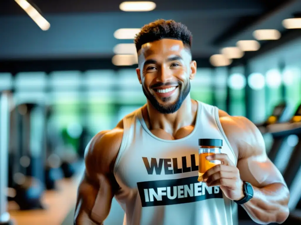 Influencer fitness con suplementos transparentes en gimnasio moderno Un influencer de fitness sostiene un frasco transparente de suplementos, con una expresión auténtica