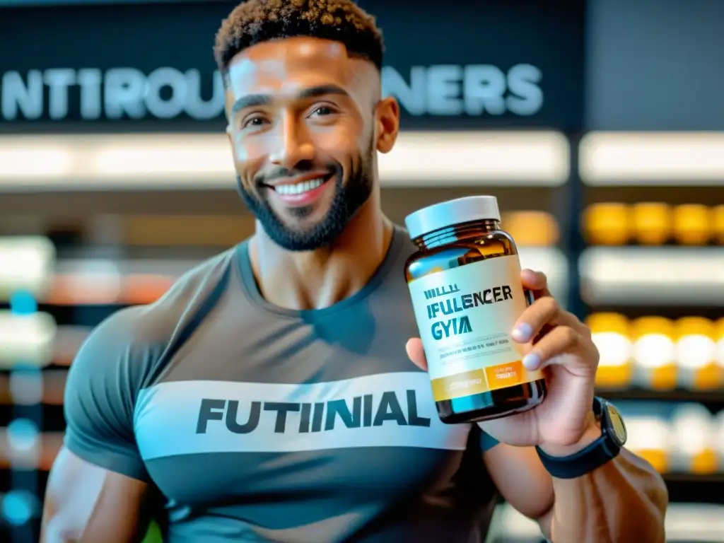 Influencer fitness revelando suplementos transparentes Un influencer de fitness muestra transparencia en la promoción de suplementos, reflejando autenticidad y responsabilidad en un gimnasio moderno