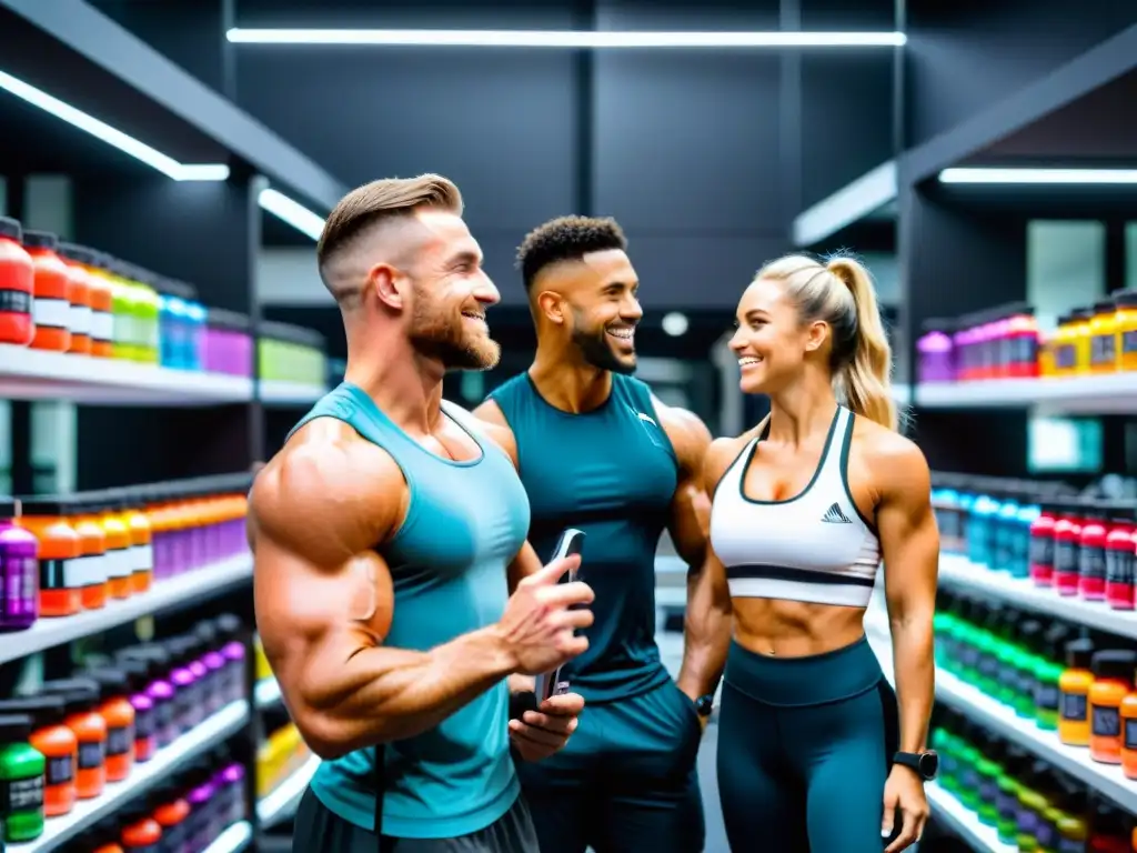 Influencers del fitness en un gimnasio moderno y vibrante Influencers en suplementación nutricional deportiva conversando animadamente en un gimnasio moderno y vibrante