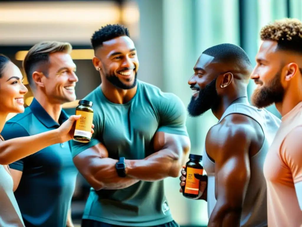 Influencers expertos promocionan suplementos nutricionales en gimnasio Influencers responsables en promoción suplementos discuten con seguidores en gimnasio moderno, transmitiendo profesionalismo y autoridad