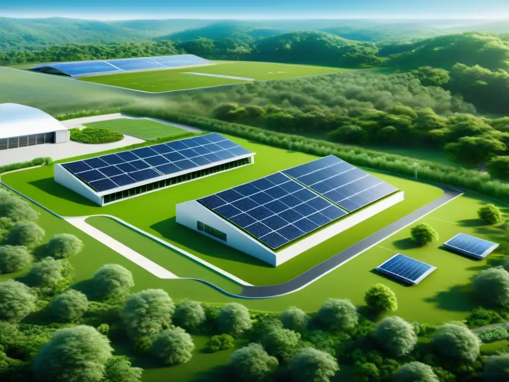 Instalación de suplementos deportivos ecoamigable y vanguardista en 8k Innovaciones sostenibles en suplementos deportivos: moderna fábrica rodeada de naturaleza, paneles solares y turbinas eólicas