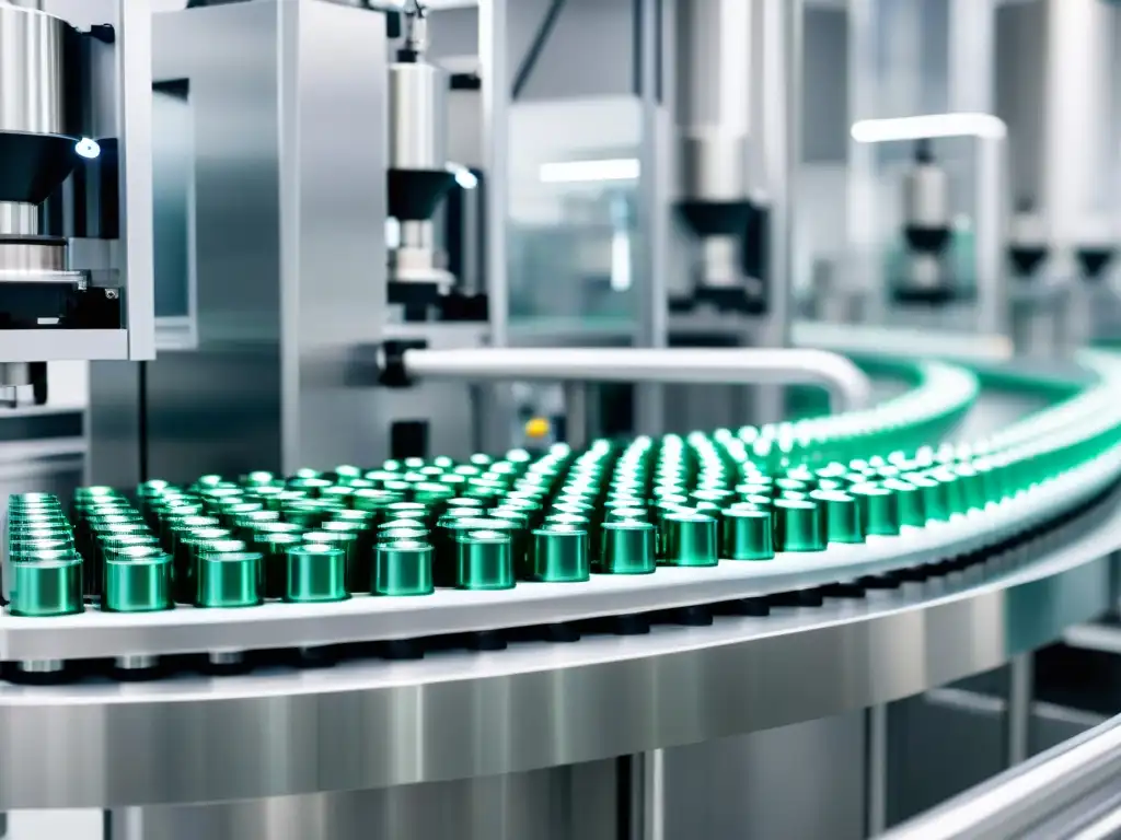 Producción impecable en fábrica de suplementos Innovaciones sostenibles en suplementos deportivos: Línea de producción automatizada, impecable y moderna, con maquinaria de acero inoxidable brillante y materiales de empaque vibrantes y ecológicos