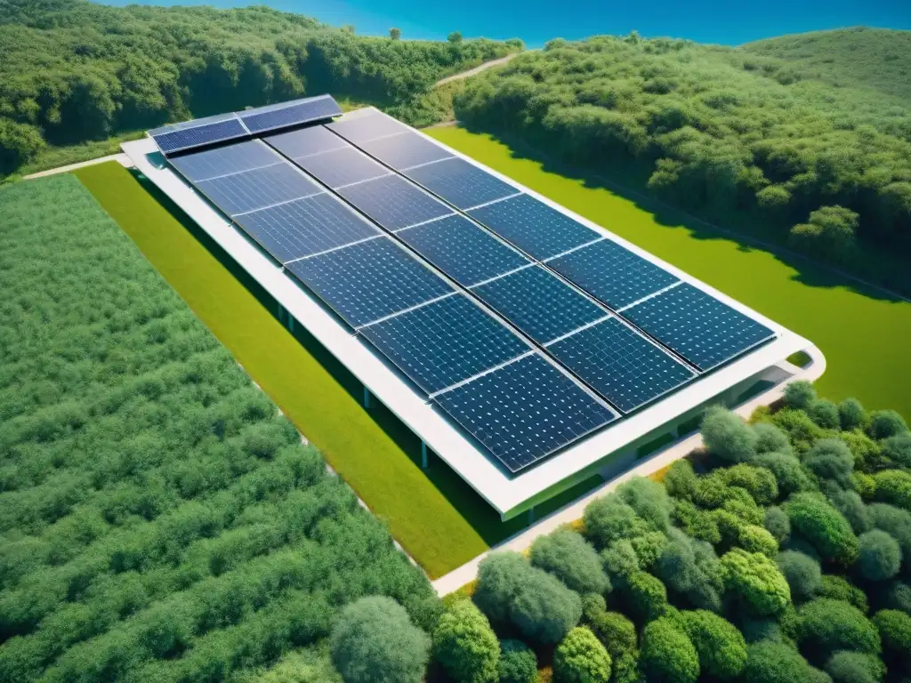 Instalación ecoamigable para suplementos deportivos Innovaciones sostenibles suplementos deportivos: Avanzada planta ecológica de suplementos deportivos, rodeada de vegetación y tecnología verde