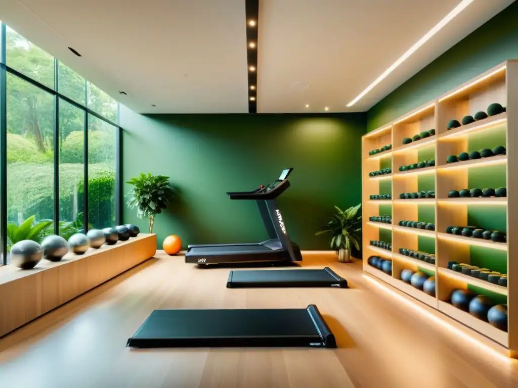 Gimnasio futurista eco-friendly con suplementos sostenibles Innovaciones sostenibles suplementos deportivos en gimnasio ecofriendly con equipamiento moderno y naturaleza exuberante