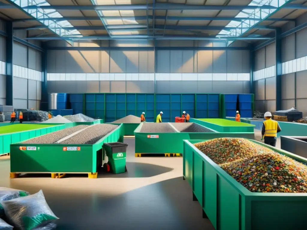 Planta de reciclaje futurista: procesamiento de materiales reciclables con tecnología sostenible Una instalación de reciclaje de última generación con trabajadores clasificando materiales reciclables, rodeados de tecnología sostenible