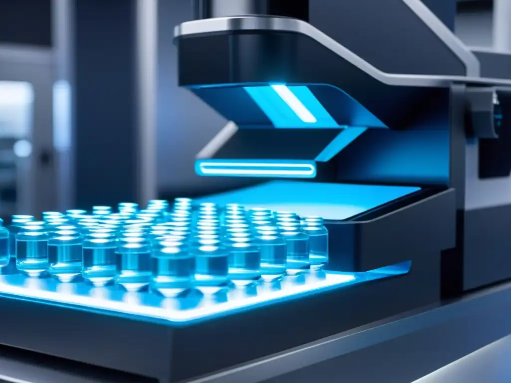 Una instalación de vanguardia para la fabricación de suplementos, con tecnología innovadora y un ambiente futurista bañado en luz LED azul