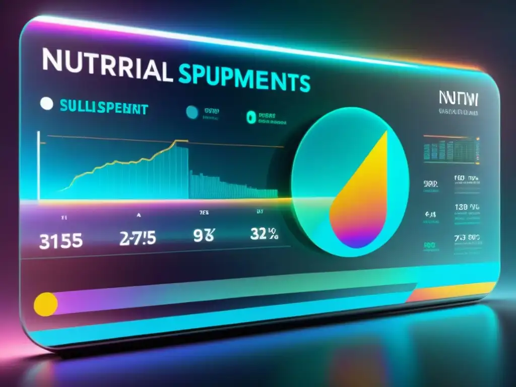 Interfaz digital futurista para suplementos nutricionales Interfaz digital futurista mostrando aplicaciones para suplementos nutricionales 2023 con visualizaciones vibrantes y dinámicas