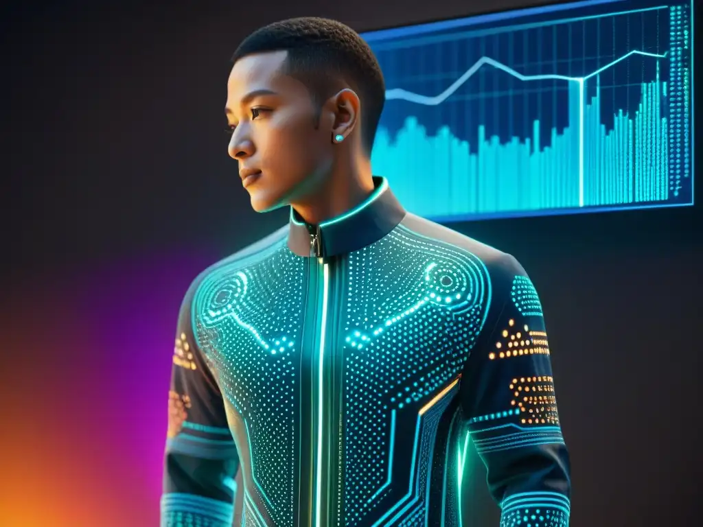 Interfaz futurista de IA con visualizaciones de datos vibrantes Interfaz futurista de IA con visualización de datos y gráficos, colores vibrantes y patrones intrincados