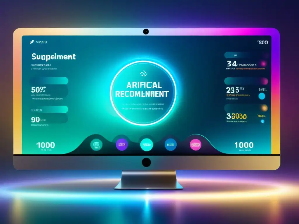 Recomendaciones personalizadas de suplementos: tecnología de vanguardia Interfaz hightech con recomendaciones de suplementos personalizados, mostrando visualizaciones de datos y productos de bienestar