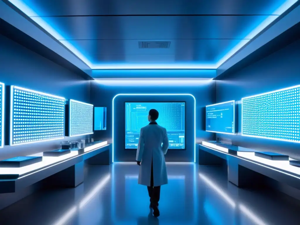 Laboratorio futurista con inteligencia artificial de vanguardia Interior de laboratorio futurista con inteligencia artificial analizando datos nutricionales
