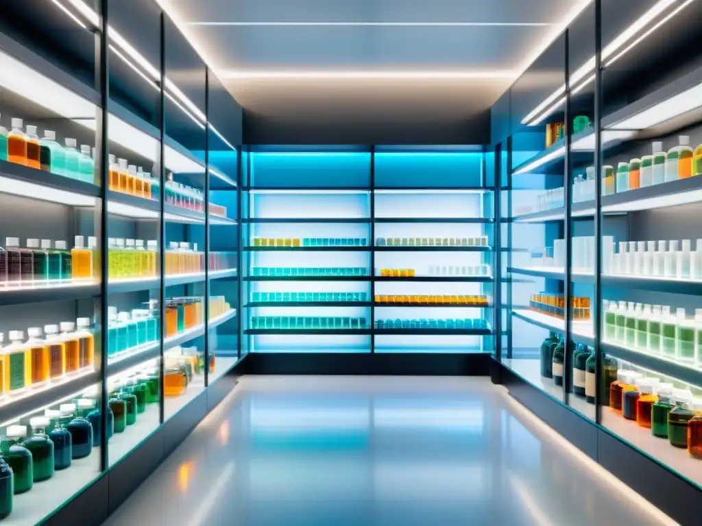 Laboratorio futurista de nootrópicos premium Interior de laboratorio futurista con suplementos nootrópicos para concentración en elegantes estantes de vidrio