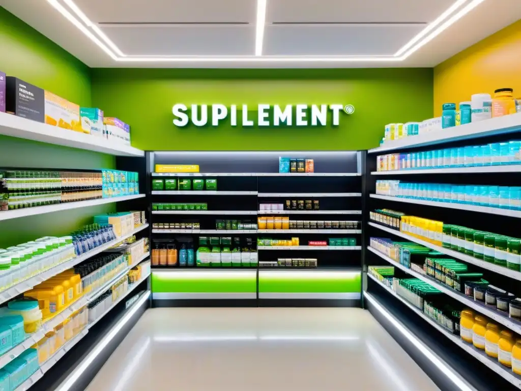 Tienda de suplementos moderna y vibrante con asesoría experta Interior moderno de tienda de suplementos con guía para principiantes en suplementos