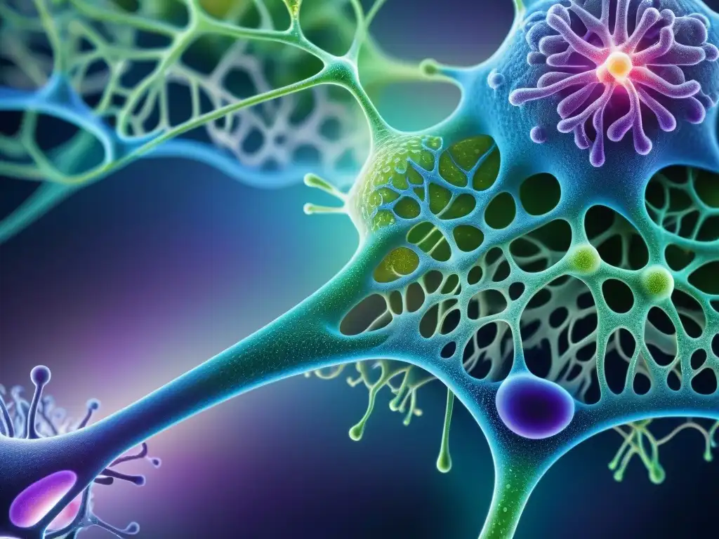 Redes neuronales y bacterias probióticas: una sinfonía vital Un intrincado y vibrante entramado de neuronas y bacterias probióticas, destaca la conexión entre la salud mental y los probióticos